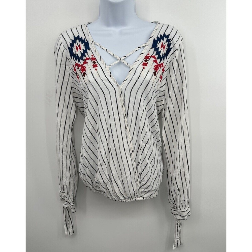 Savanna Jane Embroidered Floral Peasant Tunic Top Women’s M Boho Striped
